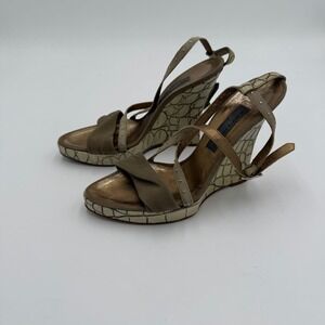 Alberta Ferretti Strappy Sandals Women's Size 38 Beige Brown Studded Wedge Heel